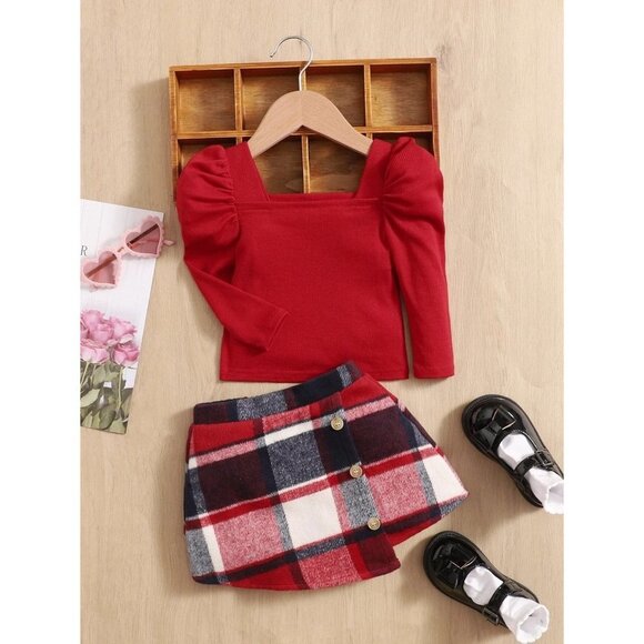 NWT SHEIN Baby Gigot Sleeve Top & Plaid Print‎ Asymmetrical Hem Skirt Size 2-3Y - Picture 3 of 7